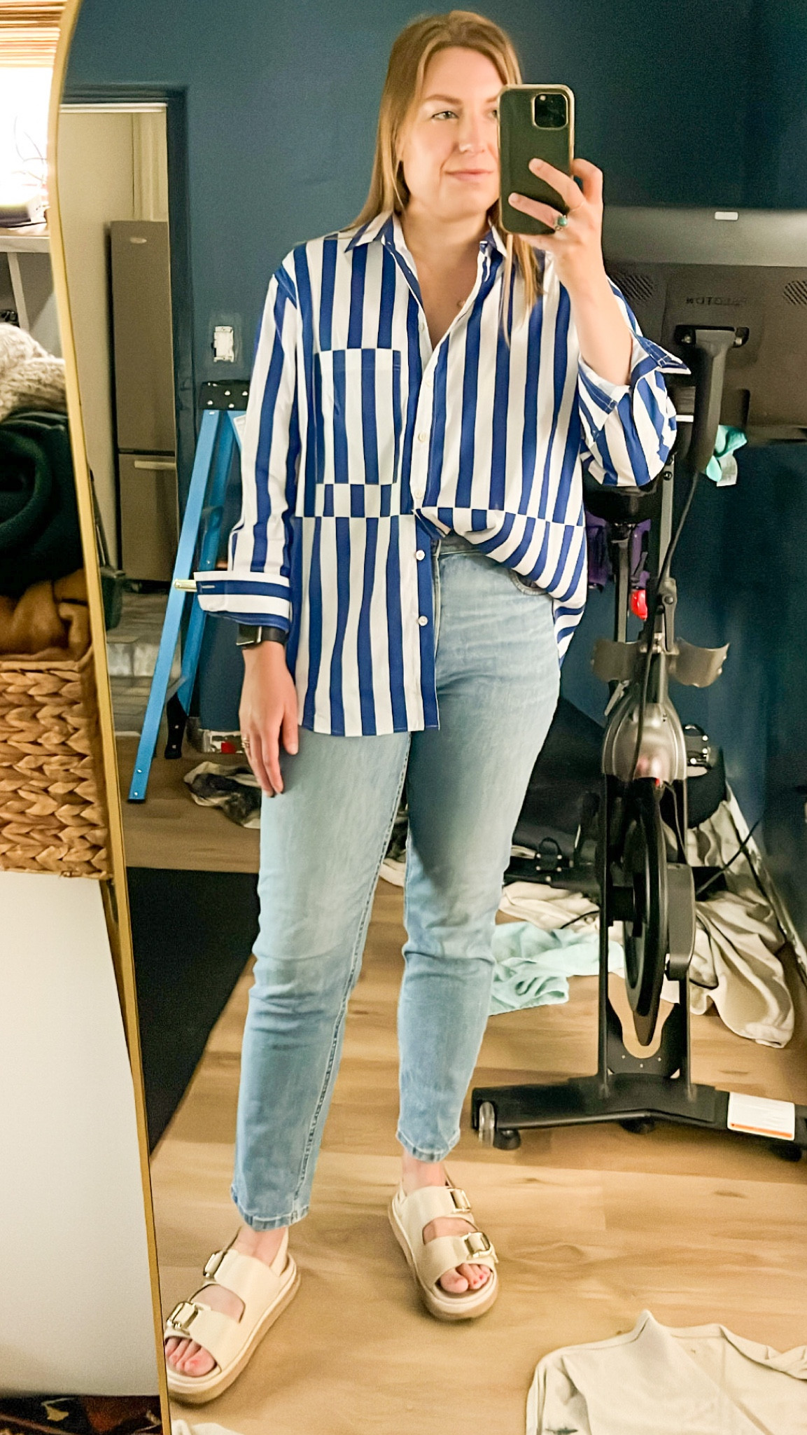 casual work outfit, summer work outfit, chic summer outfit, striped button down, curvy denim, summer sandals, boyfriend shirt, oversized shirt, light wash denim, strappy sandals, chunky sandals 

#LTKSeasonal #LTKworkwear #LTKshoecrush