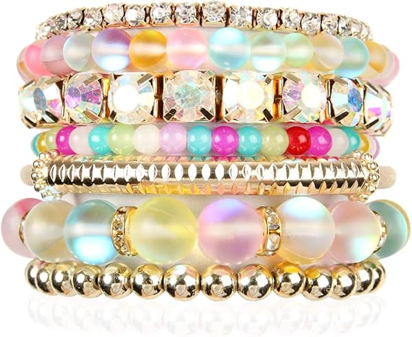 RIAH FASHION Multi Color Stretch Beaded Stackable Bracelets - Layering Bead Strand Statement Wrap... | Amazon (US)