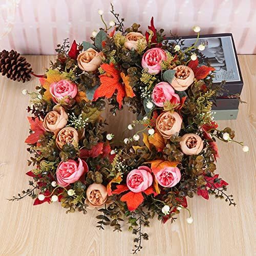 Amazon.com: 15.7"/40cm Fall Peony and Pumpkin Wreath - Pumpkin Wreath Autumn Sunflower Wreaths fo... | Amazon (US)