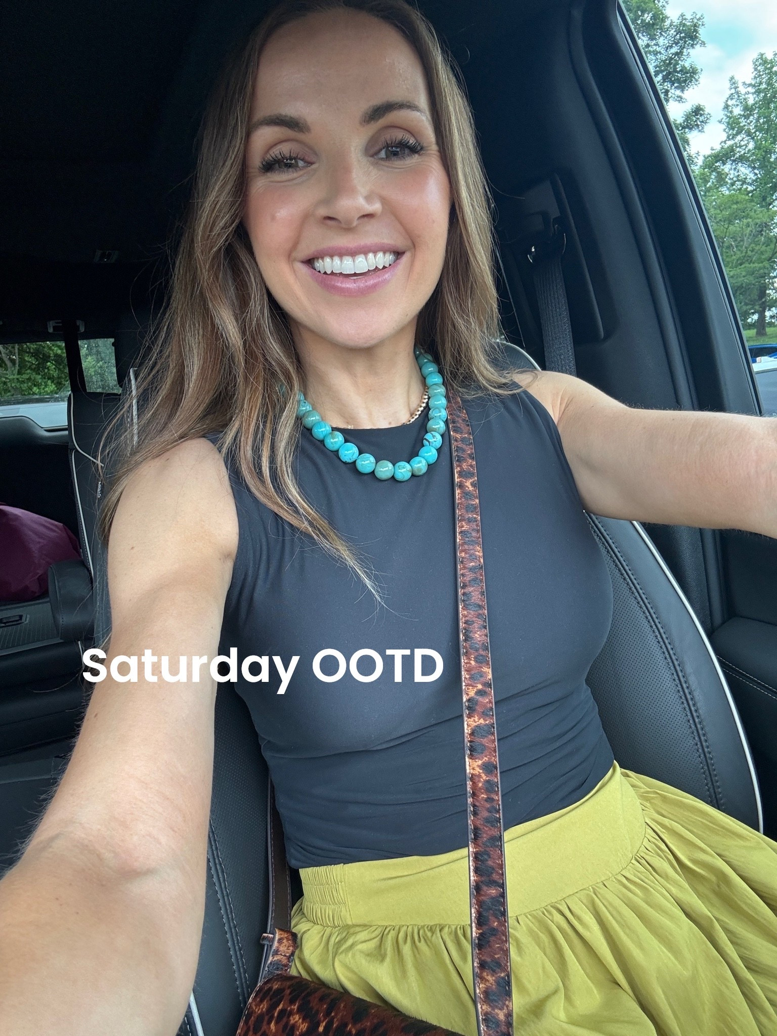 Outfit of the day for the car mom auto show! 🚙 bodysuit, cute skirt, sandals, and jewelry are my go-to formula for summer events.