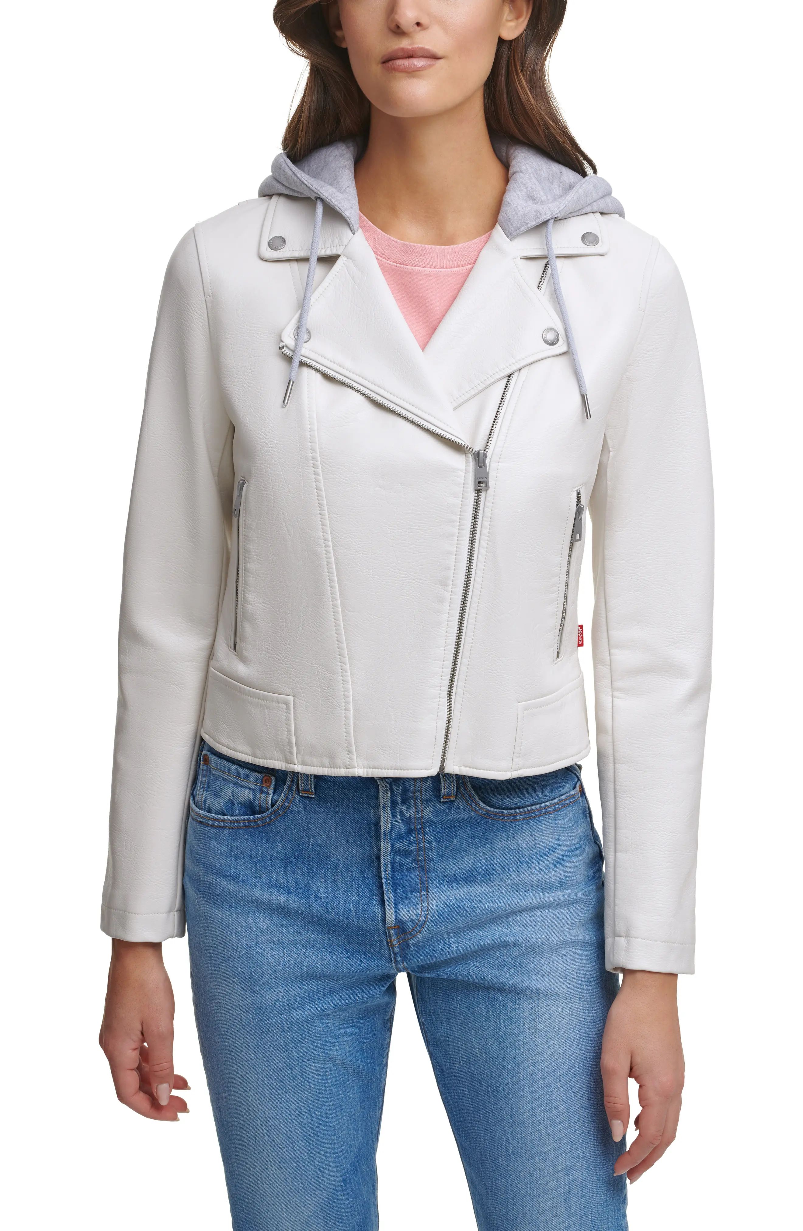 Women's Levi's Fleece Hood Faux Leather Moto Jacket, Size Small - White | Nordstrom