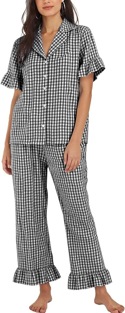 Flygo Womens Plaid Pajamas Sets 2 Piece Cotton Pj Set Ruffled Sleeve Button Down Shirt Gingham Pa... | Amazon (US)