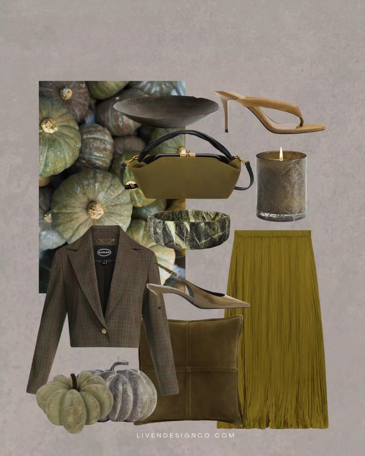 Fall style. Fall inspo. Olive green. Chartreuse. Heirloom pumpkins. Fall decor. Green skirt. Fall candle. Olive green heels. Plaid blazer. Amazon handbag. Suede green bag. Aged decorative bowl. Suede pillow. 

#LTKSeasonal #LTKHome #LTKSaleAlert