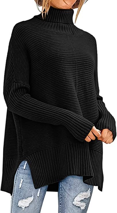 ANRABESS Womens 2022 Fall Sweaters Turtleneck Long Batwing Sleeve Spilt Hem Pullover Knit Sweater... | Amazon (US)