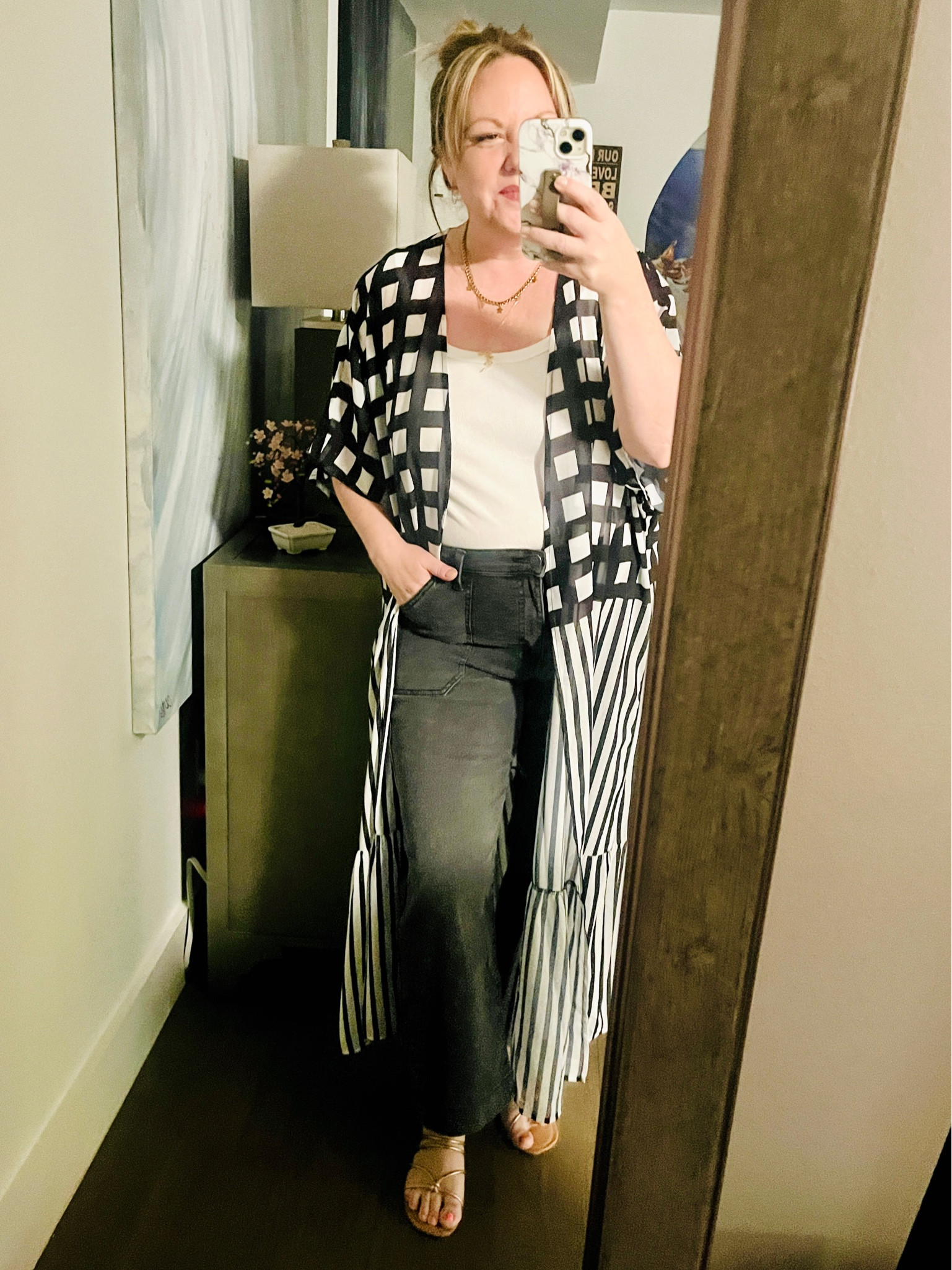 Large petite tank; 12 jeans; medium kimono 

#LTKworkwear #LTKover40 #LTKstyletip