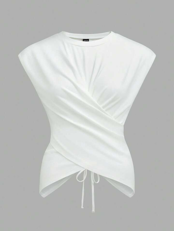 GlowEve Women's Elegant Solid Color Criss-Cross Tie Neck T-Shirt, Summer | SHEIN