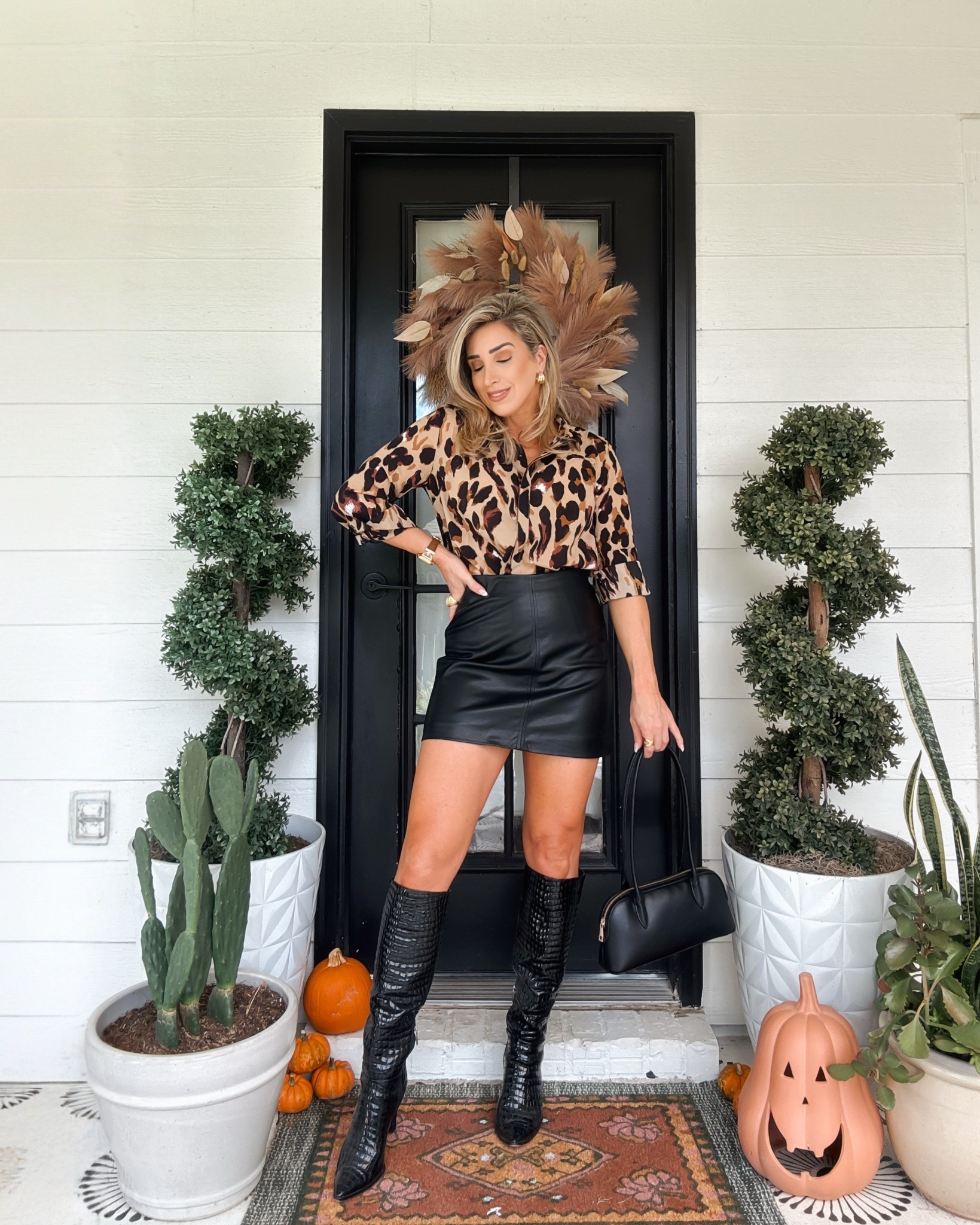 A Fall night out look to try with leopard print. 🐆🤎

Fall street style, fall outfit idea with black leather skirt, mini skirt, leopard blouse, black tall boots, date night 

#LTKFindsUnder50 #LTKStyleTip #LTKFindsUnder100