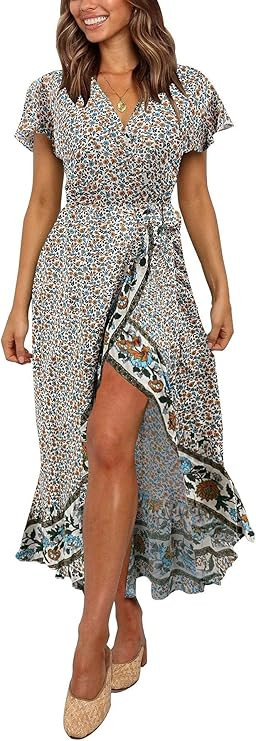 ZESICA Women's Summer Bohemian Floral Printed Wrap V Neck Beach Party Flowy Ruffle Midi Dress | Amazon (US)