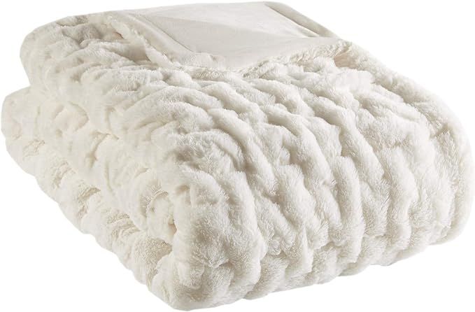 Madison Park Ruched Fur Luxury Throw Ivory 5060 Premium Soft Cozy Brushed Long Fur For Bed, Coach... | Amazon (US)