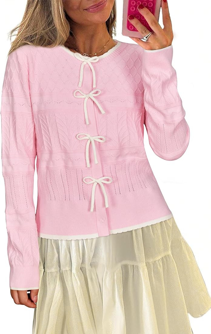 Arach&Cloz Bow Sweaters Easy Button Cardigan 2025 Spring Womens Tops Color Block Long Sleeve Casu... | Amazon (US)