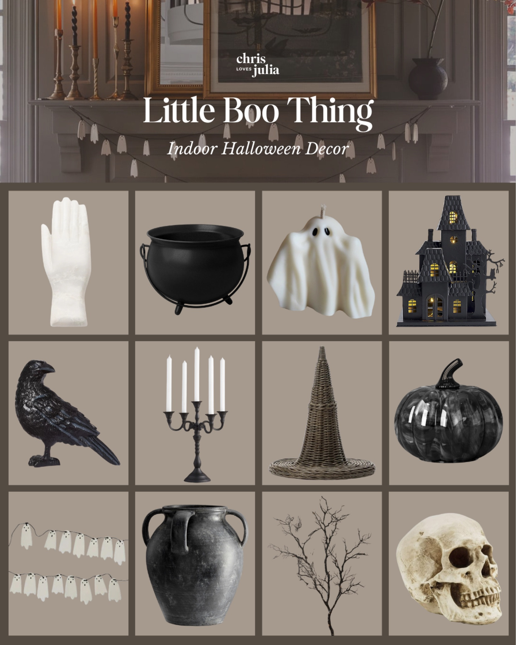 I want my Halloween decor to be traditional and elegant while still being a little spooky. Linked some of my picks for indoor decorations below!

Cauldron, ghost candle, haunted house, black crow statue, wicker witch hat, candelabra, glass pumpkin, ghost garland, vase, faux tree, skull

#LTKSeasonal #LTKHome #LTKParties