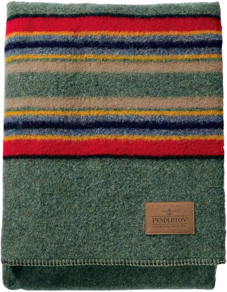 PENDLETON Yakima Camp Thick Warm Wool Indoor Outdoor Striped Throw Blanket, Green Heather, Twin S... | Amazon (US)