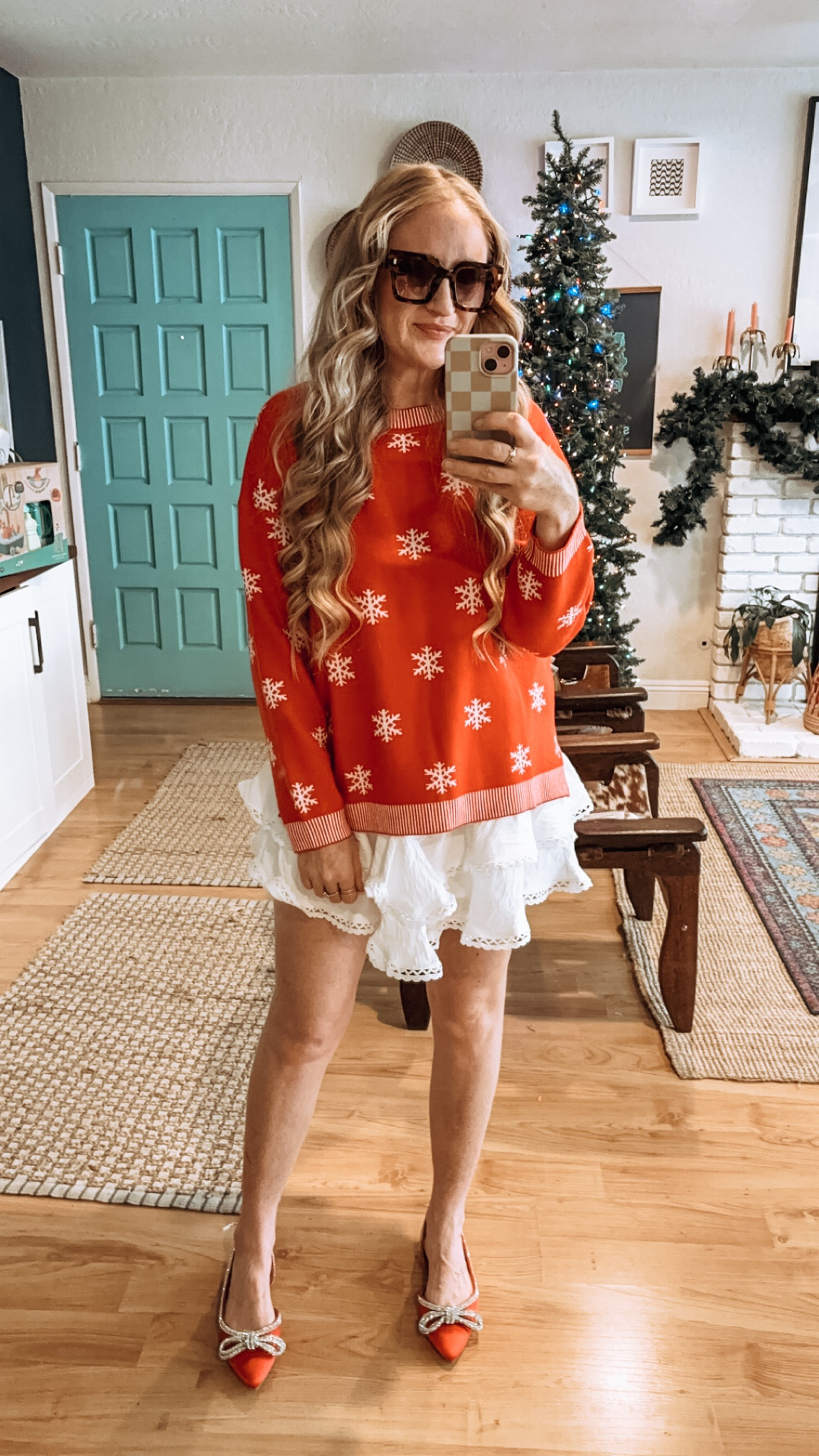 Christmas sweater styling for a warm winter! Love it with this flouncy skirt and bow flats. If you’re in cooler temps, try pairing with fleece-lined tights and boots ♥️

Wearing M in sweater and L in skirt at 150 lbs and 5’7” for reference ✨

Christmas looks, Christmas outfit, holiday outfit, holiday look, Christmas sweater, holiday sweater, red sweater, winter style, warm winter style, snowflake sweater, bow flats, few people skirt, ruffle skirt 

#LTKHoliday #LTKStyleTip #LTKSeasonal