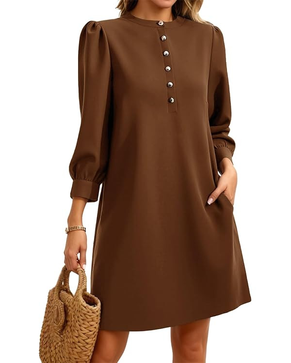 Wenrine Womens 3/4 Puff Sleeve Mini Dress Button Crewneck Elegant Casual Business Shift Dresses 2... | Amazon (US)