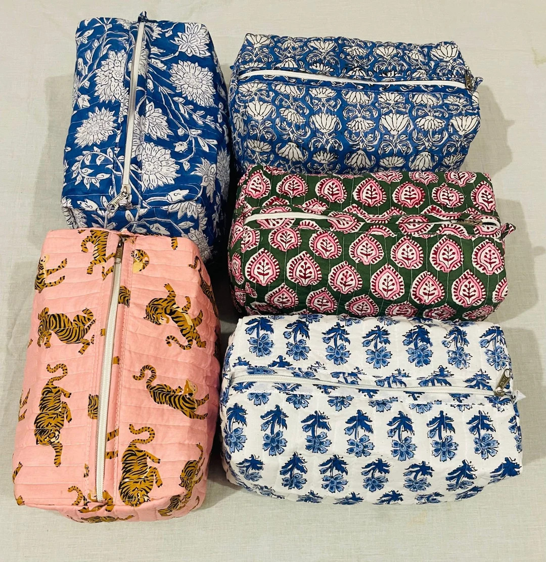 Vintage Large Cosmetic Bags, Cotton Quilted Wash Bag, Block Printed Handmade Toiletry Bag, Brides... | Etsy (US)