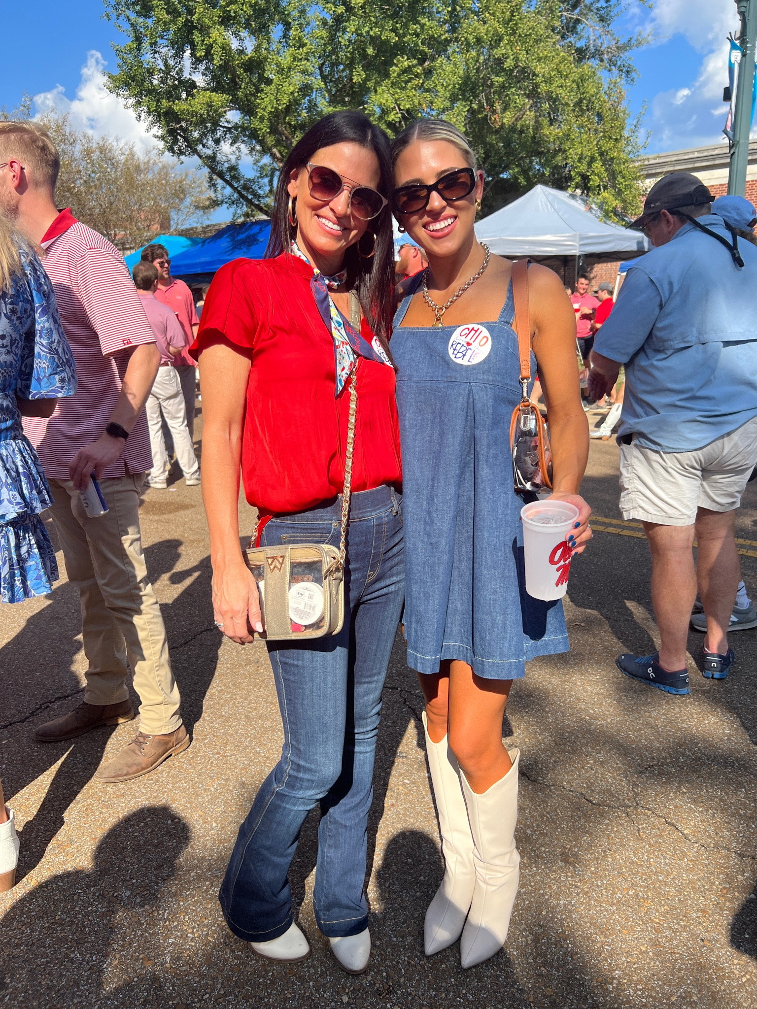game day outfit !!! #denimdress #whiteboots 