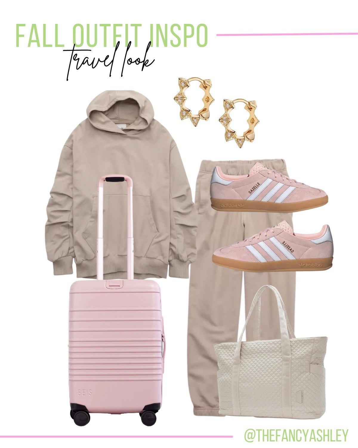 Fall outfit inspo - travel look! Love this cute travel look with my fave Aerie matching lounge set paired with pink Adidas Gazelles, a matching Beis carry-on on and a cute tote. Ready for all your seasonal travel! Travel outfit | airport style | lounge set | travel essentials | comfy travel | fall travel | athleisure | travel bag 

#LTKTravel #LTKStyleTip #LTKActive