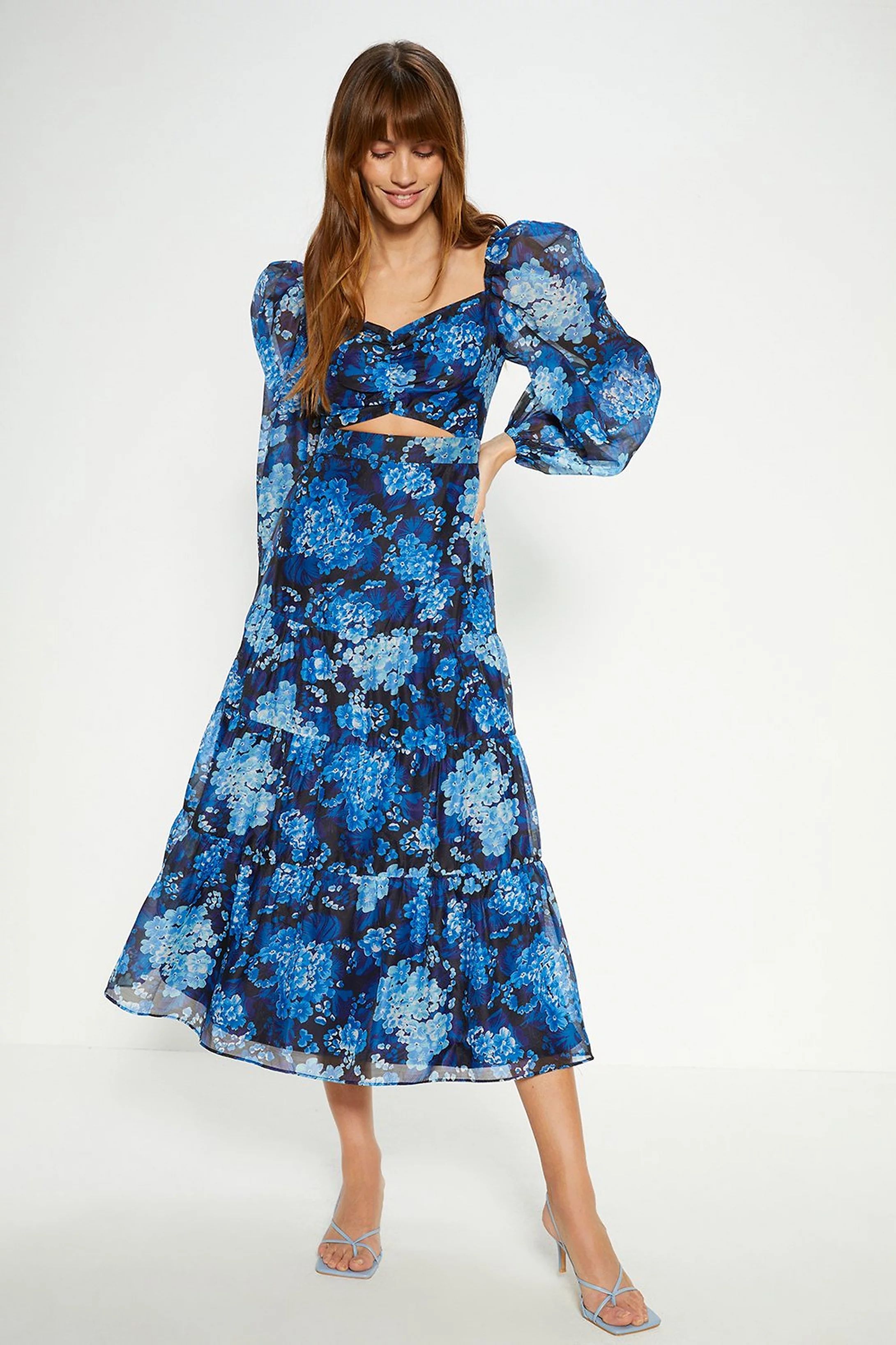 Cluster Floral Organza Ruched Cut Out Midi Dress | Oasis UK & IE