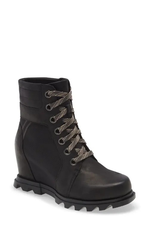 SOREL Joan of Arctic Waterproof Wedge III Lexie Lace-Up Bootie in Black Jet at Nordstrom, Size 8 | Nordstrom