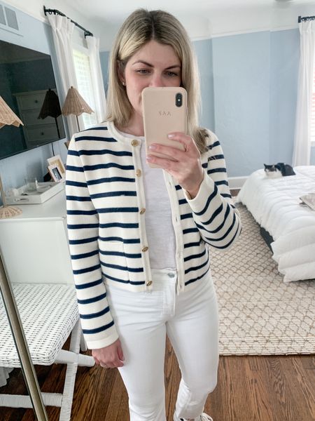 Striped lady jacket outfit, white jeans, outfit for the office, preppy fall outfit ideas 

#LTKsalealert #LTKworkwear