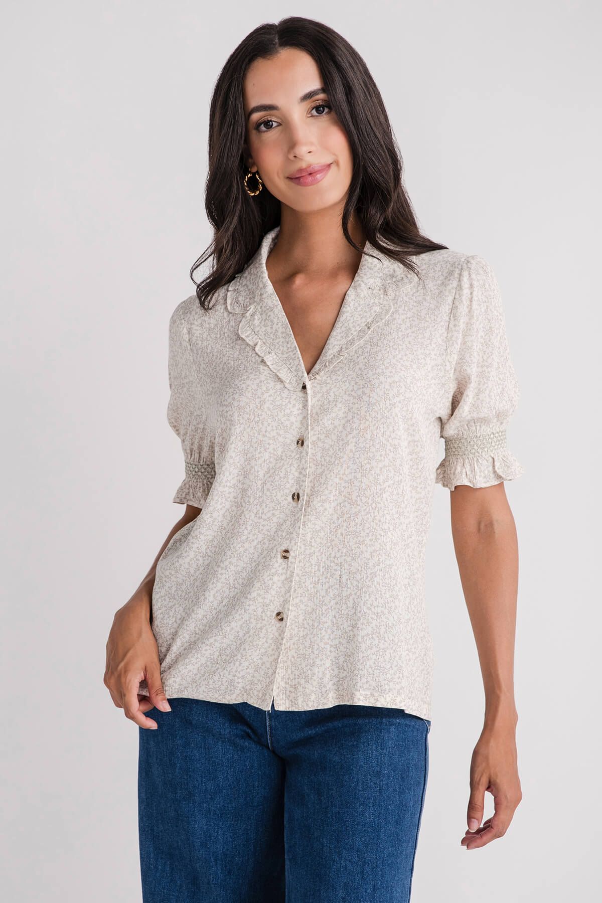 Hem &amp; Thread Ditsy Print Smocked Sleeve Button Down Blouse | Social Threads