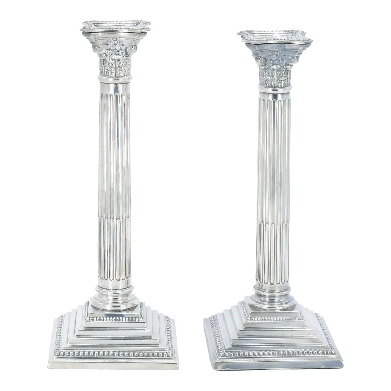 Pair 19th Century English Silverplate Neoclassical Column Form Candlesticks | Chairish