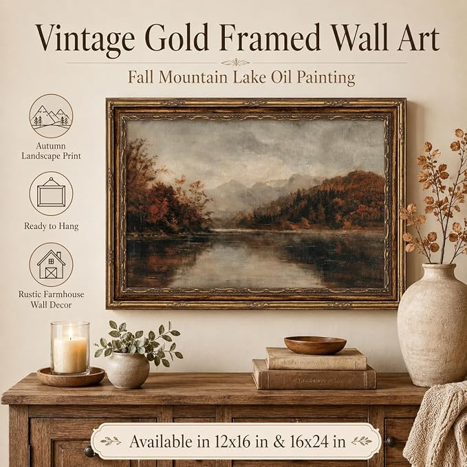 Vintage Gold Framed Wall Art - Fall Mountain Lake Oil Painting, Autumn Landscape Print, Ready to ... | Amazon (US)