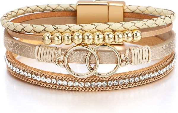 Fesciory Leather Wrap Bracelet for Women, Boho Western Layered Cuff Jewelry | Amazon (US)