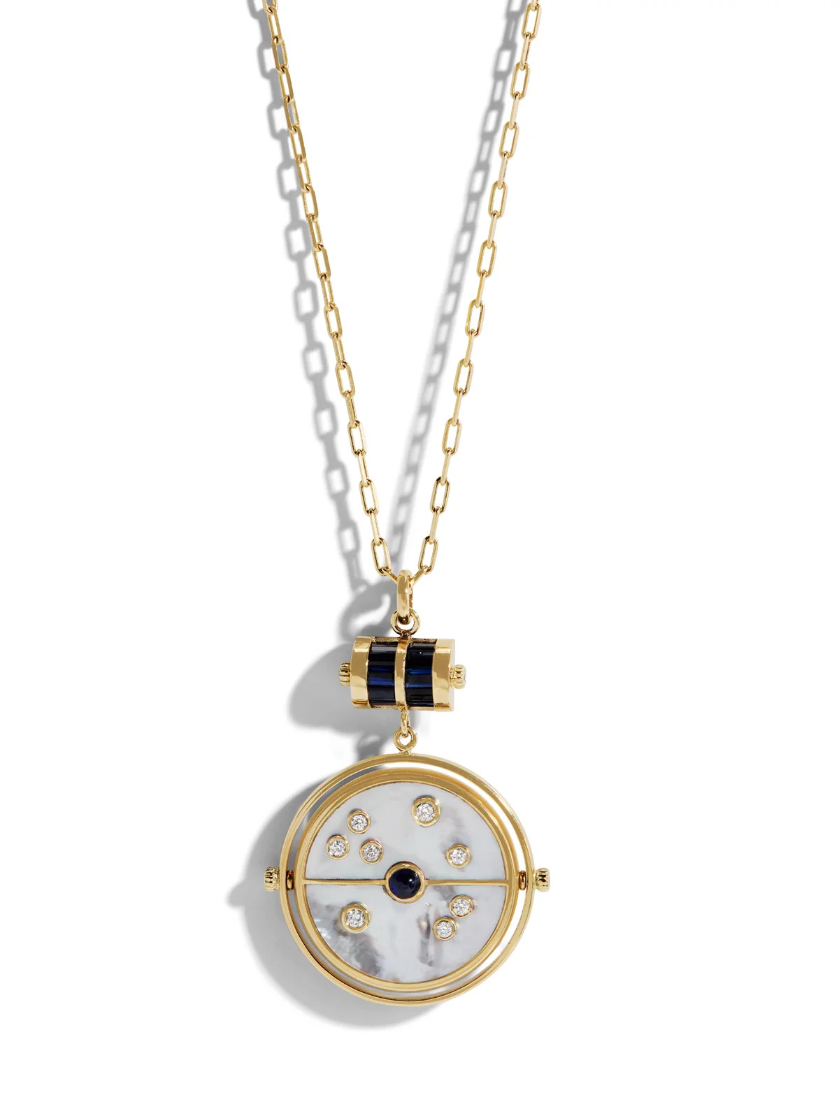 Grandfather Mother of Pearl and Blue Sapphire Compass Yellow Gold Pendant Necklace | YLANG 23