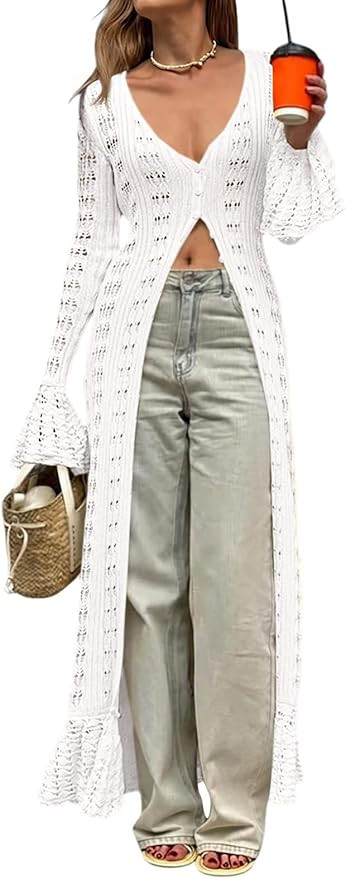 Saodimallsu Womens Crochet Long Cardigans Duster Button Up Bell Long Sleeve Ruffle 2026 Summer Bo... | Amazon (US)
