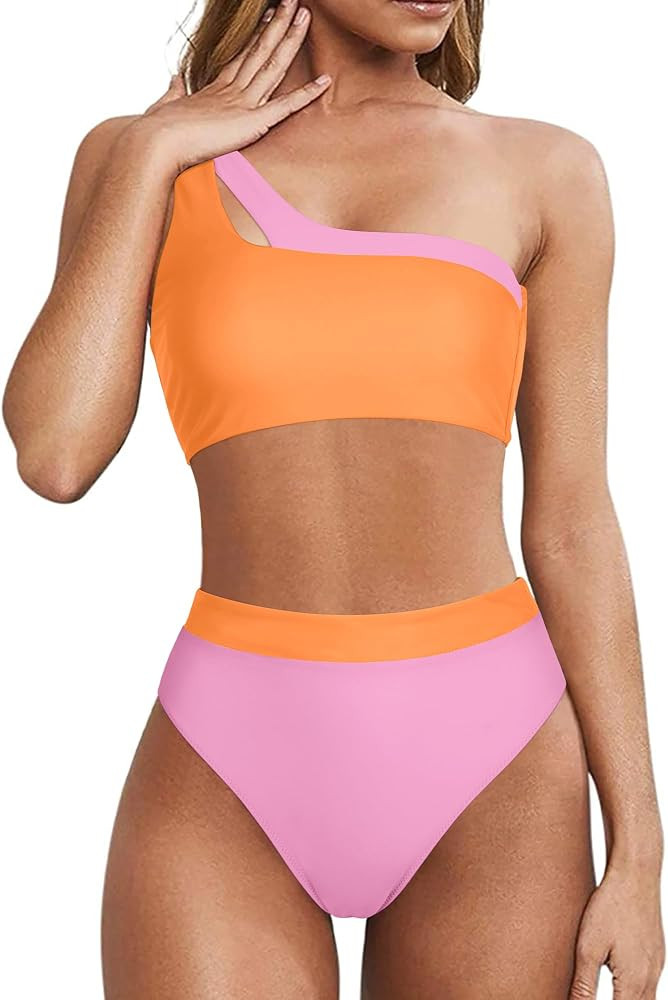 MOOSLOVER Women Cutout One Shoulder High Waisted Bikini High Cut Two Piece Swimsuits | Amazon (US)