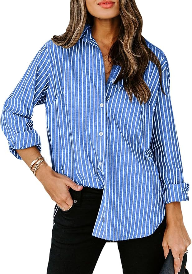 Womens Button Down Shirts Cotton Striped Dress Shirt Long Sleeve Collared Office Work Pinstripes ... | Amazon (US)