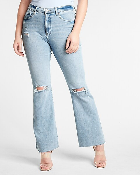 High Waisted Light Wash Ripped Flare Jeans | Express