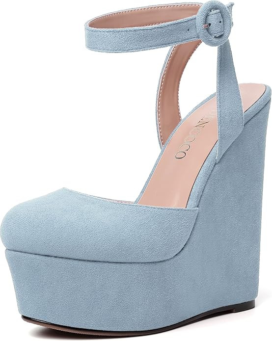MODENCOCO Womens Buckle Platform Party Fashion Ankle Strap Suede Round Toe Sexy Wedge High Heel P... | Amazon (US)