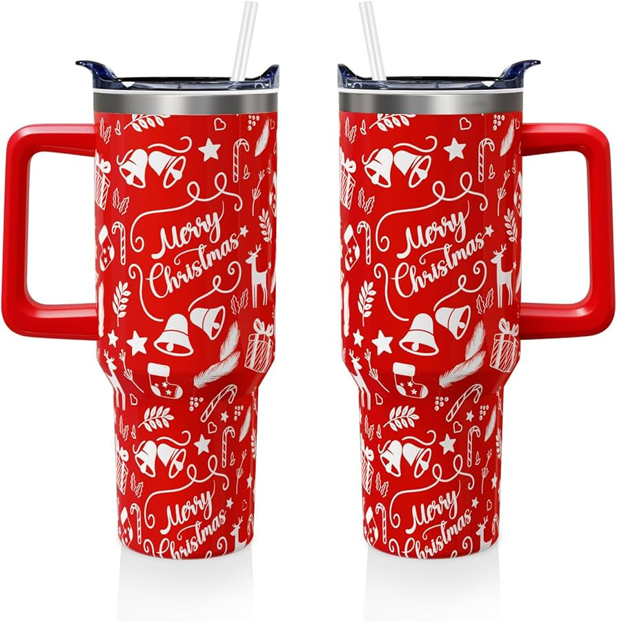 Red Merry Christmas 40oz Tumbler Cup with Handle and Straw, Rudtic Xmas Gifts for Women Men, Wint... | Amazon (US)