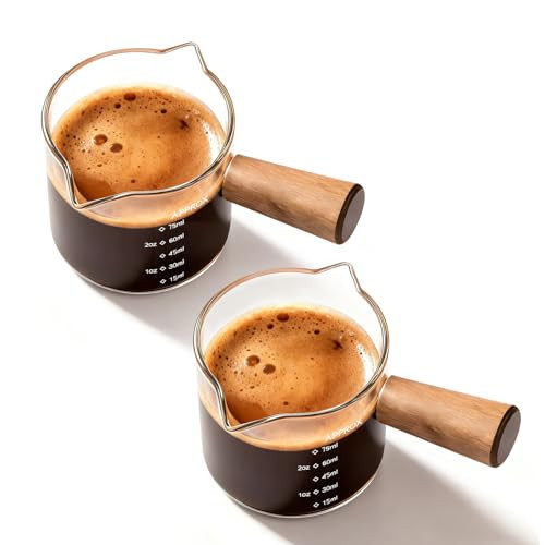YARRAMATE 2.5 oz/75ML Espresso Cups with Wood Handle (2 pack), Clear Glass Espresso Accessories, Double Spout Glass Measuring Cup with Dual Scale, Espresso Shot with V-Shaped Spout | Amazon (US)