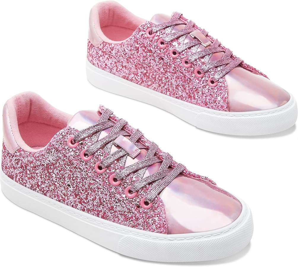 AISFAES Women Glitter Sneakers Sparkly Low Top Sequins Sneakers Lace Up Tennis Shoes Comfort Blin... | Amazon (US)