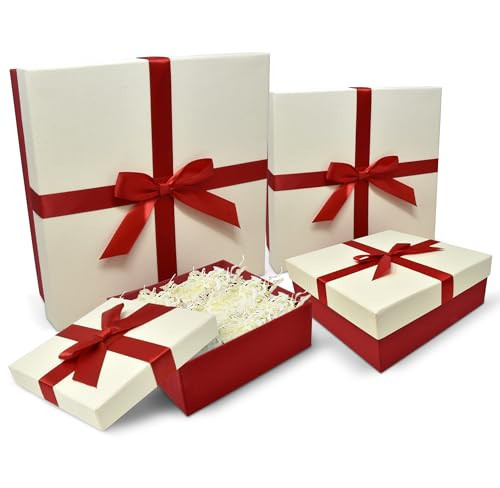 Gift Boutique Christmas Nesting Gift Boxes with Red & Off-White Ribbon Bow – Set of 4 Decorative Stackable Apparel Boxes with Lids, 4 Assorted Sizes for Presents & Wrapping | Amazon (US)