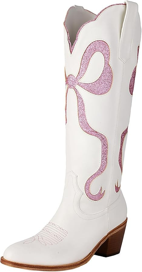 LGQ Women's White Cowgirl Boots with Bow Knee High Cowboy Boots Almond Round Toe Chunky Heel Embr... | Amazon (US)