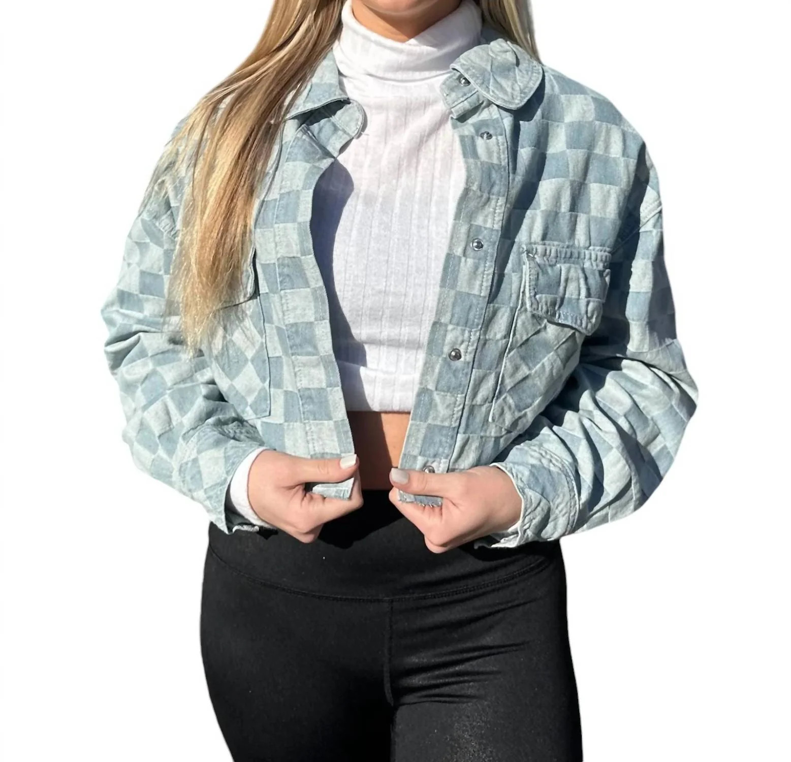 Checkerboard Print Cropped Denim Jacket | Shop Simon