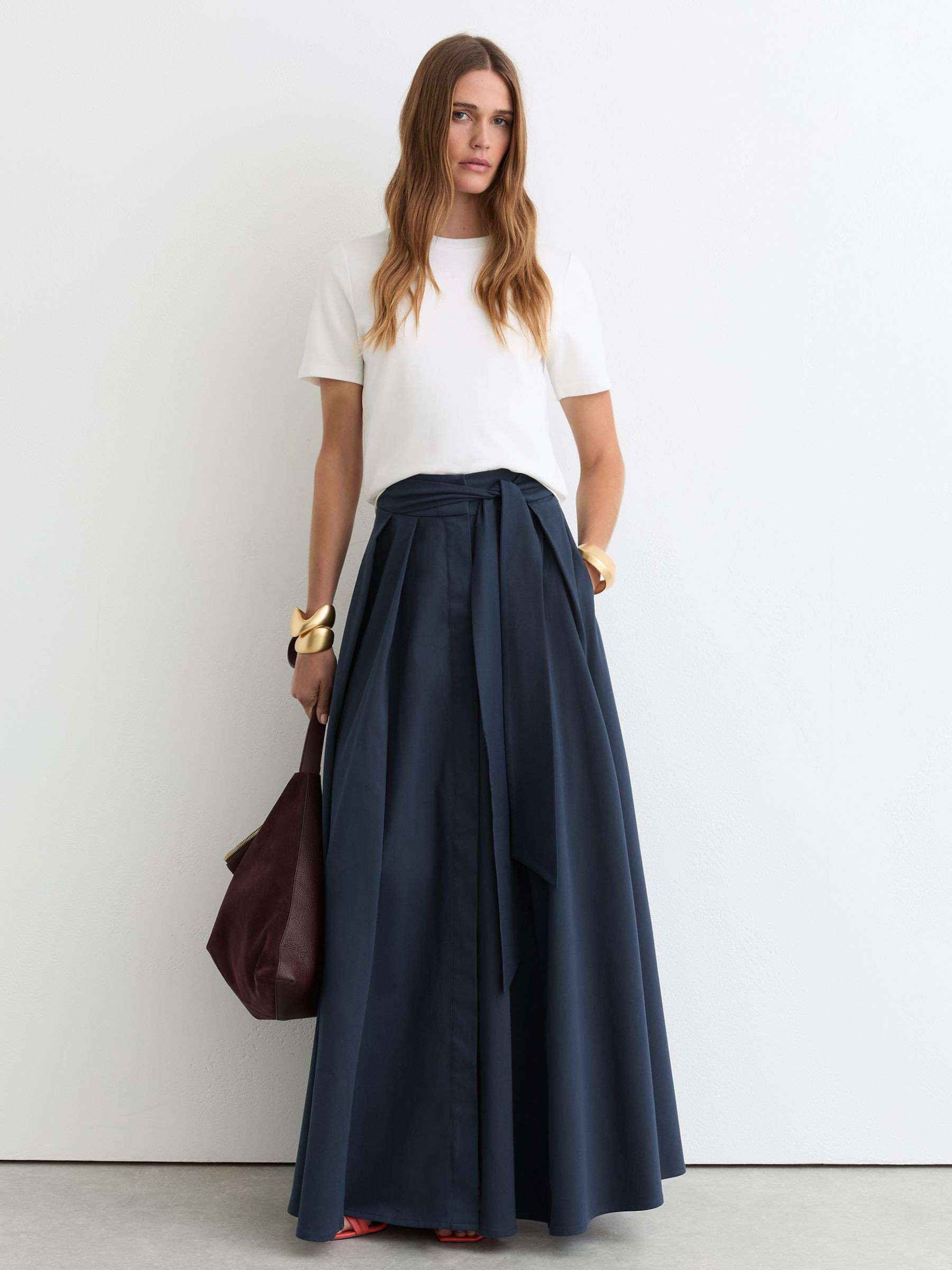 Reiss Cotton-Blend Pleated Maxi Skirt in Navy | REISS | Reiss US