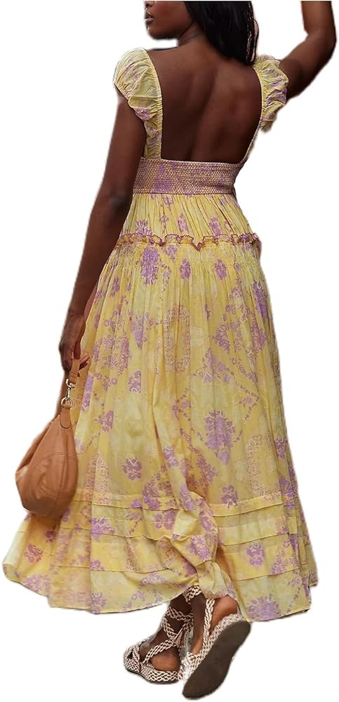 Women Spring Dresses Flowy Smocked Maxi Dress Puff Sleeve Sweetheart Y2K Floral Boho Summer Sundr... | Amazon (US)