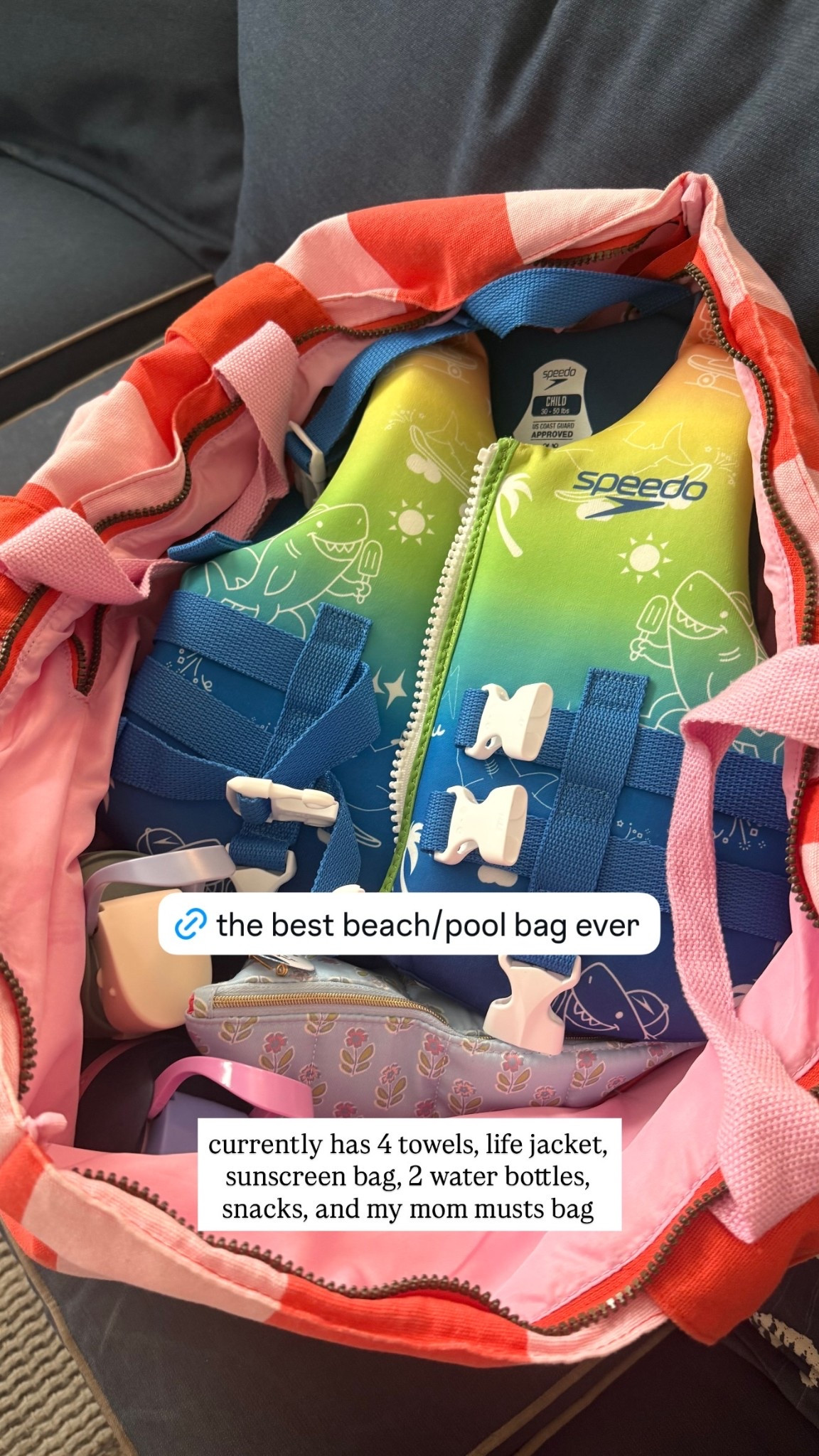 currently has 4 towels, life jacket, sunscreen bag, 2 water bottles, snacks, and my mom musts bag

#LTKTravel #LTKSaleAlert #LTKmomlife