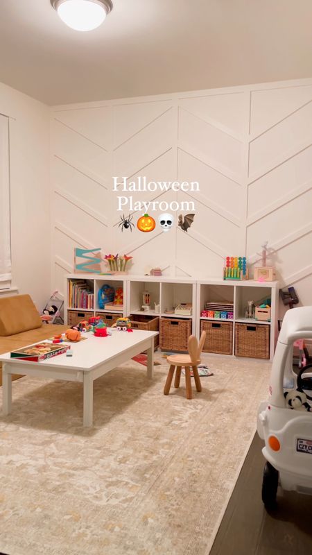 Halloween playroom for toddler, hanging witches hats, balloon garland, hair spiders, skeletons, Halloween decor, spooky decor for kids, toddler play table, playroom rug, playroom storage

#LTKfamily #LTKhome #LTKHalloween
