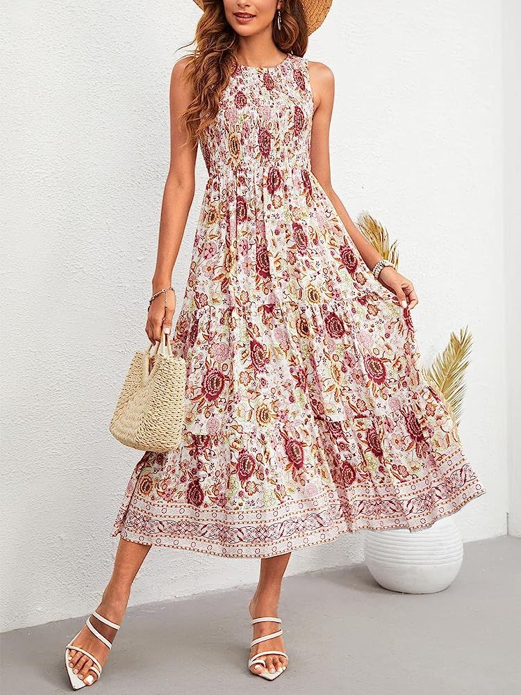 Yanekop Women Sleeveless Smocked Tiered Midi Dress Boho Summer Sun Dresses Beach A-Line Dress | Amazon (US)