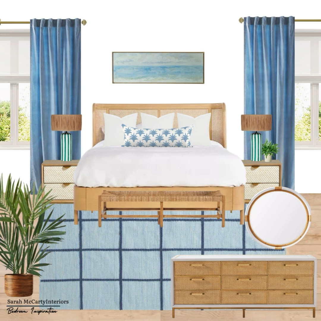 Coastal bedroom 🌊 Blue & White bedroom decor. Bedroom furniture - bed, nightstands, dresser, mirror, area rug, curtains, curtain rods, lamps, bedroom bench, woven furniture, throw pillows, lumbar pillow, room decor, over-the-bed wall art 🖼️ 💙

#LTKStyleTip #LTKSeasonal #LTKHome