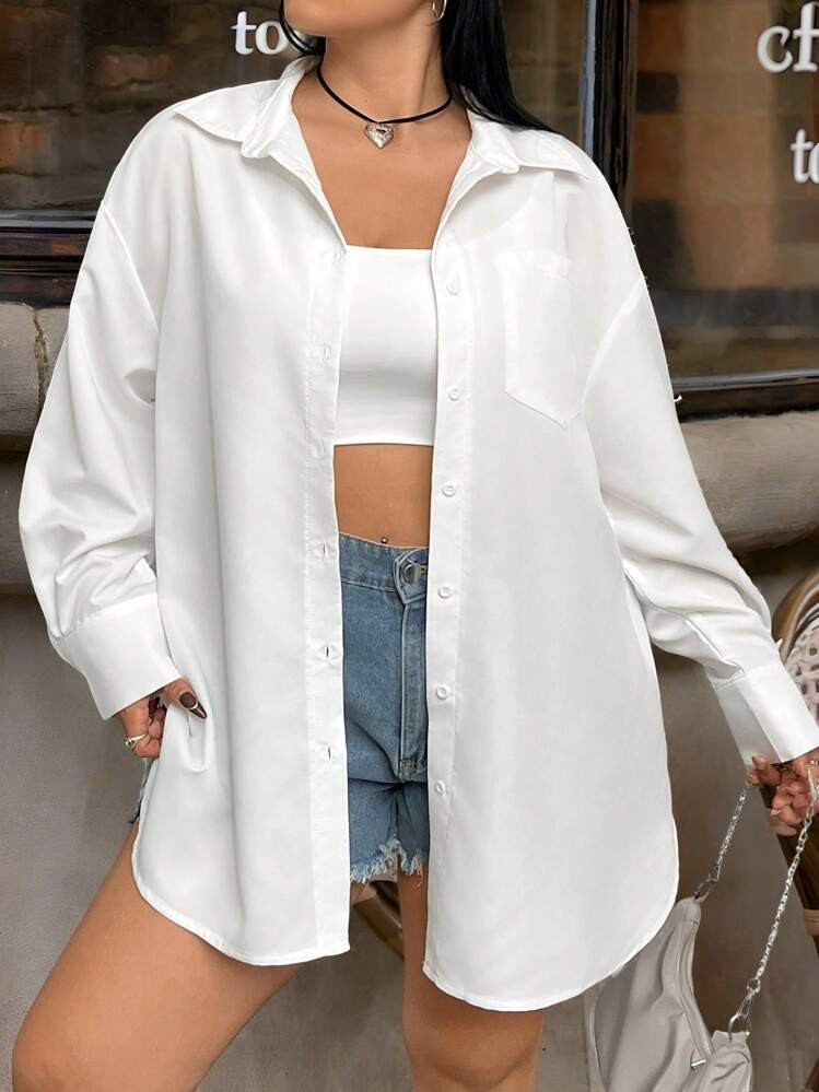 SHEIN EZwear Plus Size Women's Solid Color Drop Shoulder Pocket Shirt | SHEIN