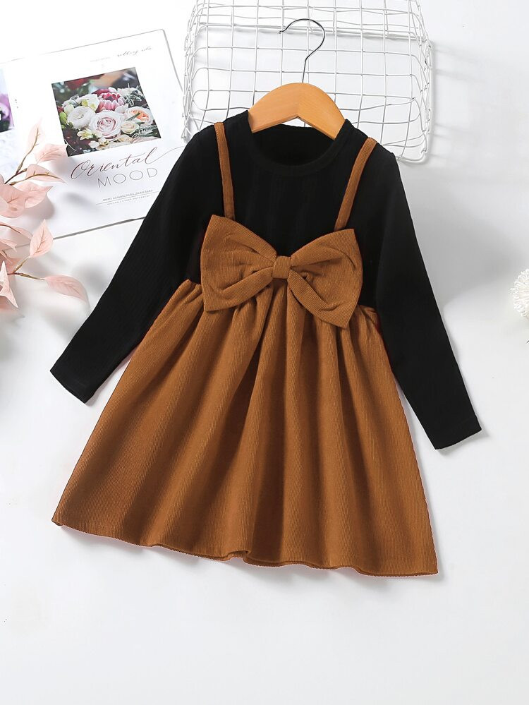 Toddler Girls Two Tone Bow Front 2 In 1 Dress | SHEIN