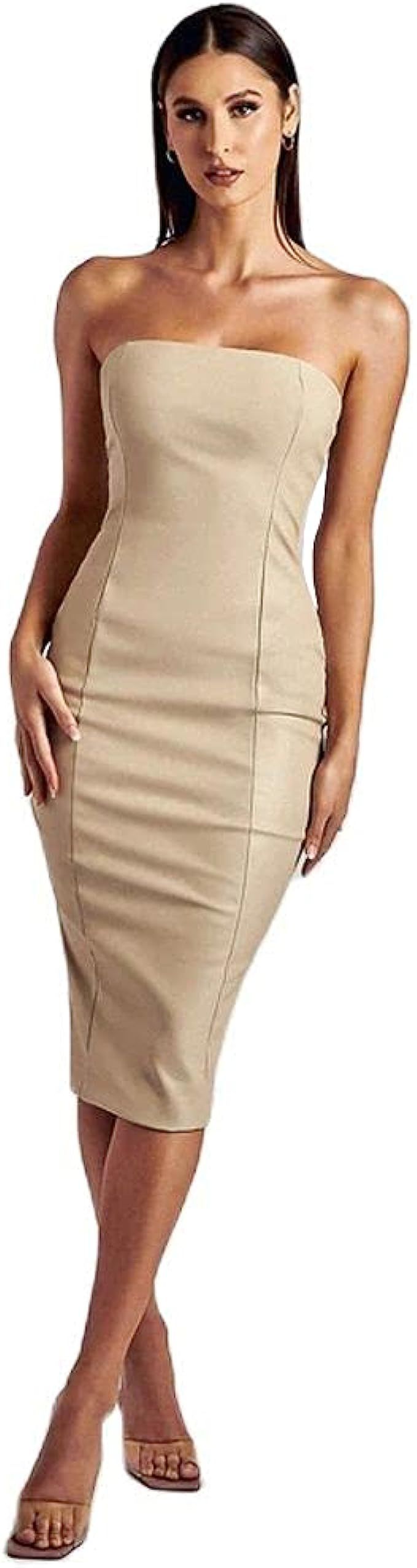 XLLAIS Women Strapless Tube Top Midi Dress Off Shoulder Bodycon Sexy Party Faux Leather Dress | Amazon (US)