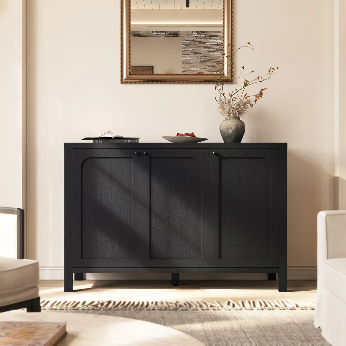 47" Black Sideboard Buffet Cabinet With Storage Modern Credenza With Doors Heavy Duty Wood Tv Med... | Wayfair North America